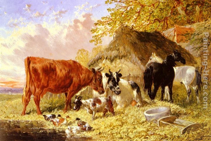 John Frederick Herring, Jnr Horses, Cows, Ducks and a Goat by a Farmhouse